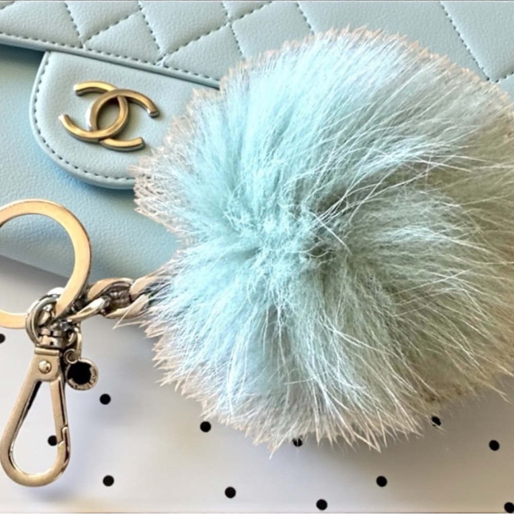 Michael Kors Fur Pom Pom Mint‎ Blue Keychain & Bag Charm Purse Accessory
